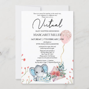 Boy Elephant Guld Glitter Balloon Virtuell Shower Inbjudningar