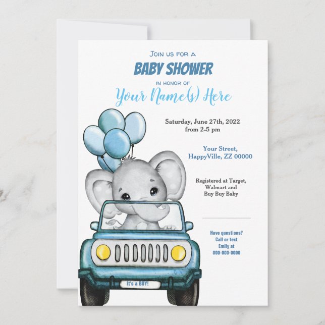 Boy Elephant in Car Baby Shower-inbjudan Inbjudningar (Framsida)