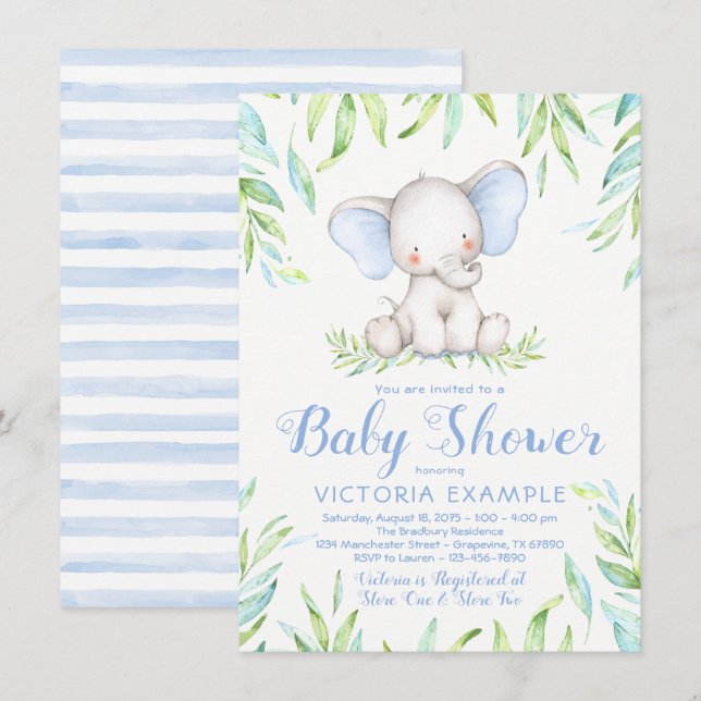 Boy Elephant Jungle Baby Shower-inbjudningar Inbjudningar (Fram/baksida)
