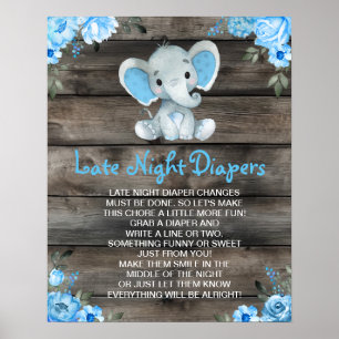 Boy Elephant Late Late Diaper Baby Shower Game Poster