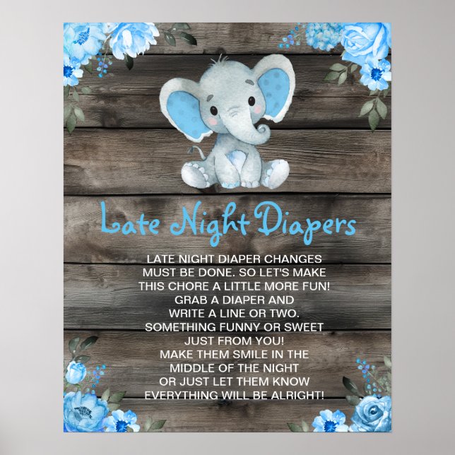 Boy Elephant Late Late Diaper Baby Shower Game Poster (Framsidan)