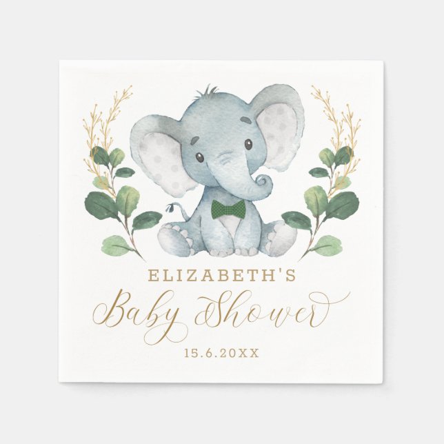 Boy Elephant Little gentleman Greenery Baby Shower Pappersservett (Framsidan)