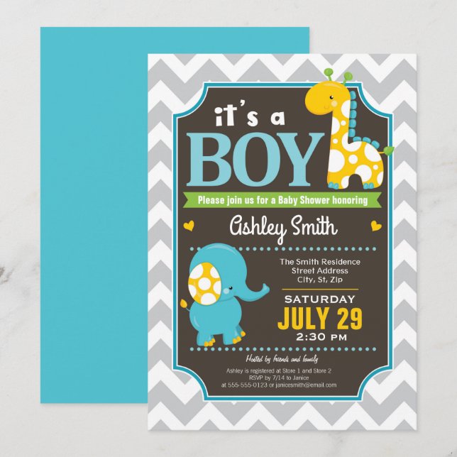 Boy Elephant och Giraffe Baby Shower-inbjudan Inbjudningar (Fram/baksida)