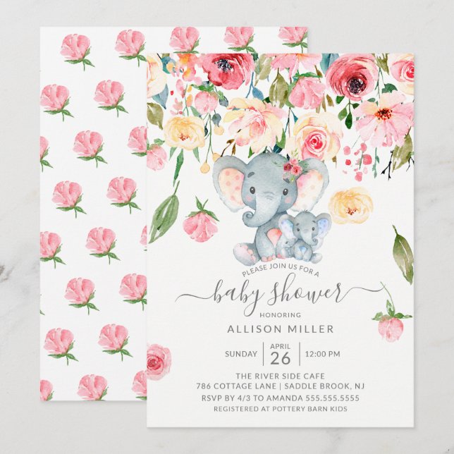 Boy Elephant och Mamma Rosa Peonies Baby Shower Inbjudningar (Fram/baksida)