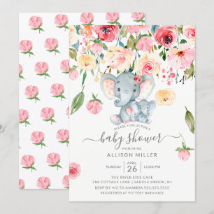 Boy Elephant och Mamma Rosa Peonies Baby Shower Inbjudningar