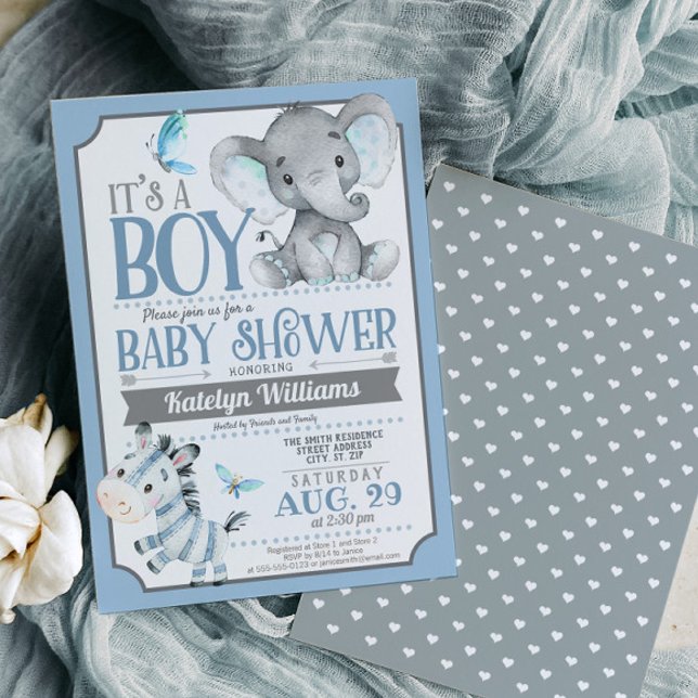 Boy Elephant och Zebra Baby Shower-inbjudan Inbjudningar (Skapare uppladdad)