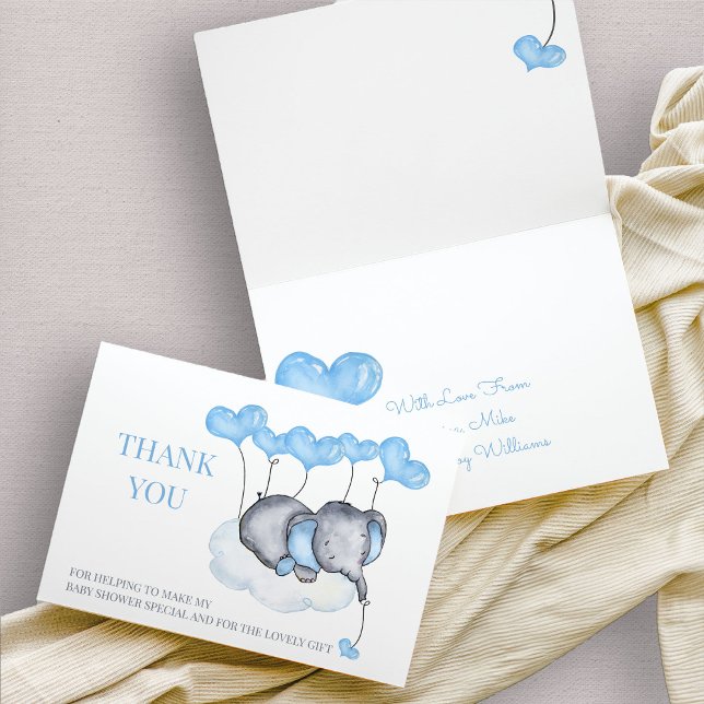 Boy Elephant på Cloud Blue Balloon Baby Shower Tack Kort (thank you card with cute baby elephant and blue balloons)