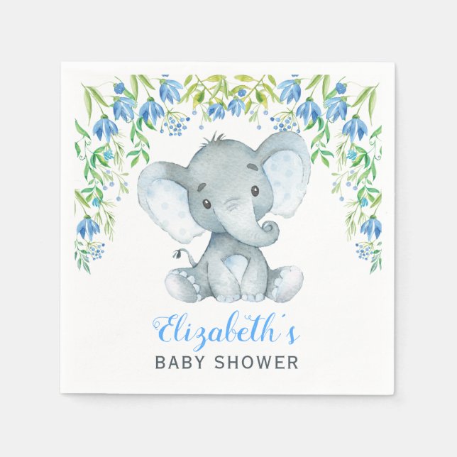 Boy Elephant Pappersservett Blue Blommigt Baby Sho (Framsidan)