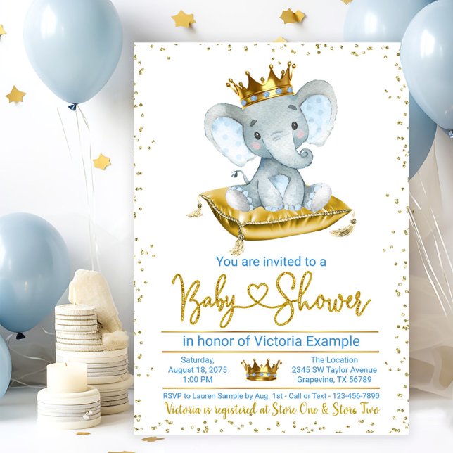 Boy Elephant Prince Baby Shower-inbjudan Inbjudningar (Boy elephant prince baby shower invitation. Baby blue and gold baby shower invitation.)
