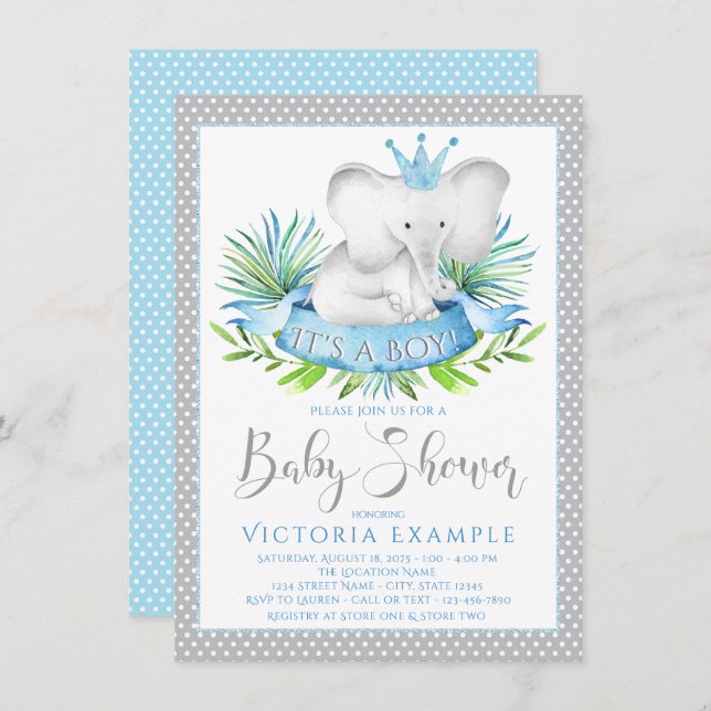 Boy Elephant Prince Baby Shower-inbjudningar Inbjudningar (Fram/baksida)