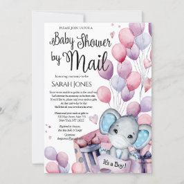 Boy Elephant Rosa Balloons Baby Shower by Mail Inbjudningar