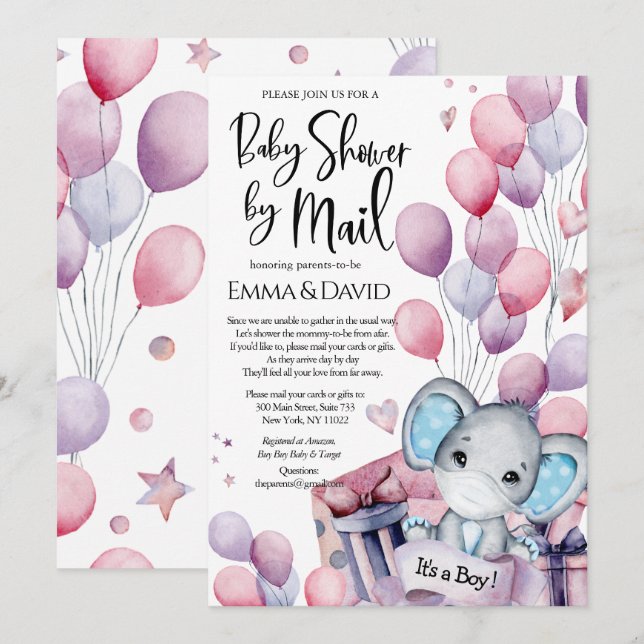 Boy Elephant Rosa Balloons Baby Shower by Mail Inbjudningar (Fram/baksida)