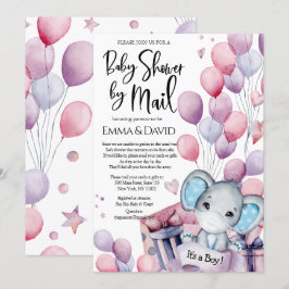 Boy Elephant Rosa Balloons Baby Shower by Mail Inbjudningar