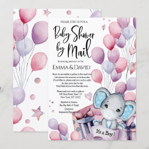 Boy Elephant Rosa Balloons Baby Shower by Mail Inbjudningar