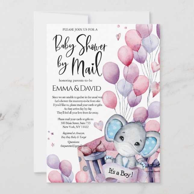 Boy Elephant Rosa Balloons Baby Shower by Mail Inbjudningar (Framsida)