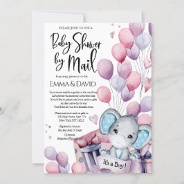 Boy Elephant Rosa Balloons Baby Shower by Mail Inbjudningar