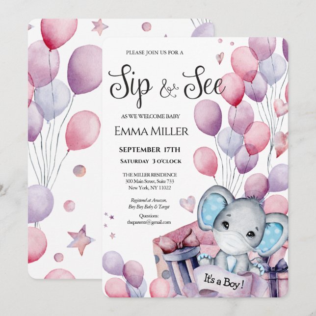 Boy Elephant Rosa Balloons Baby Sip och se Inbjudningar (Fram/baksida)