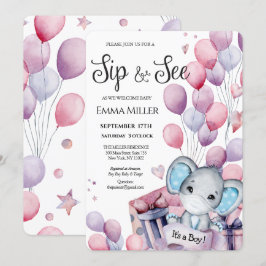 Boy Elephant Rosa Balloons Baby Sip och se Inbjudningar