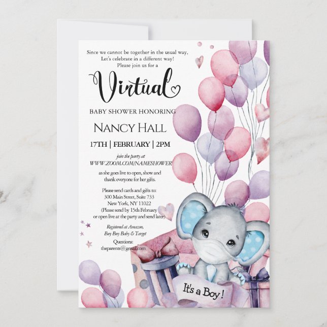 Boy Elephant Rosa Balloons Virtuell Baby Shower Inbjudningar (Framsida)