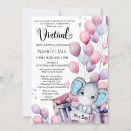 Boy Elephant Rosa Balloons Virtuell Baby Shower Inbjudningar