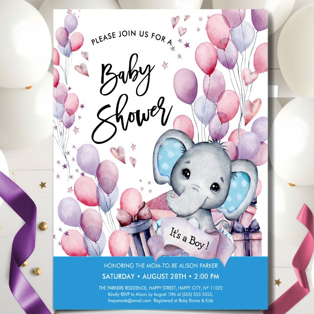 Boy Elephant Watercolor Blue Balloons Baby Shower Inbjudningar (Skapare uppladdad)