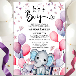 Boy Elephant Watercolor Blue Balloons Baby Shower Inbjudningar