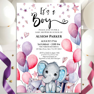 Boy Elephant Watercolor Blue Balloons Baby Shower Inbjudningar