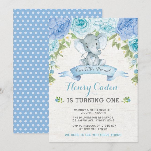 Boy Elephant Watercolor Blue Ro 1st Birthday Inbjudningar (Fram/baksida)