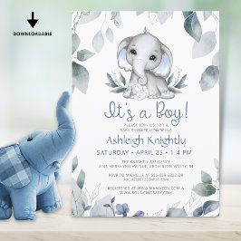 Boy Elephant Watercolor Greenery Baby Shower Inbjudningar