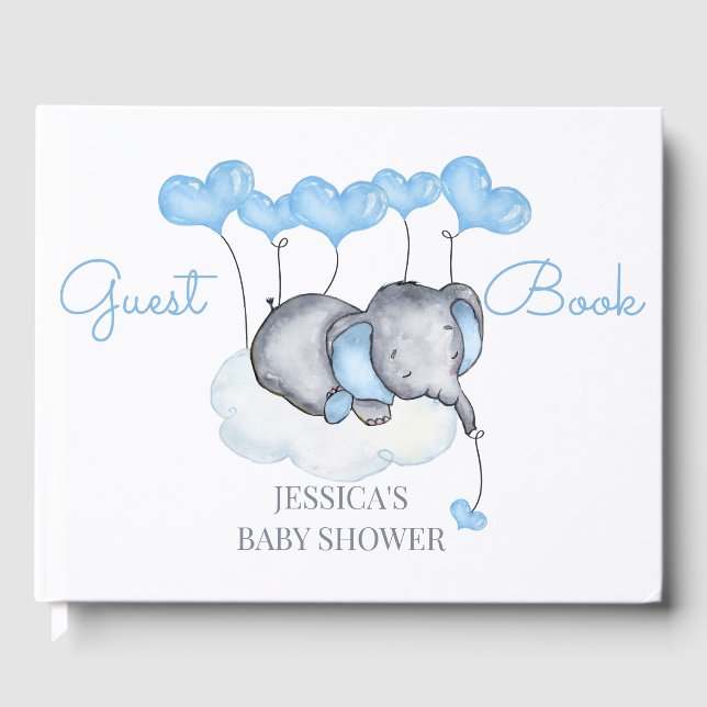 Boy Elephant White och Blue Baby Shower Gästböcker (Framsida)