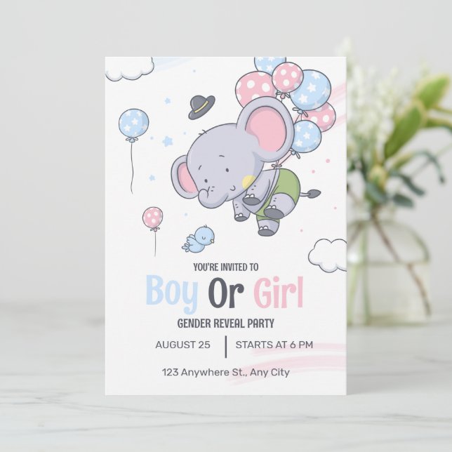 Boy eller en flicka Cute Elephant Gender Reveal Inbjudningar (Stående Fram)