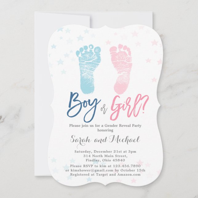 Boy eller Girl Baby foot Gender Reveal Inbjudningar (Framsida)
