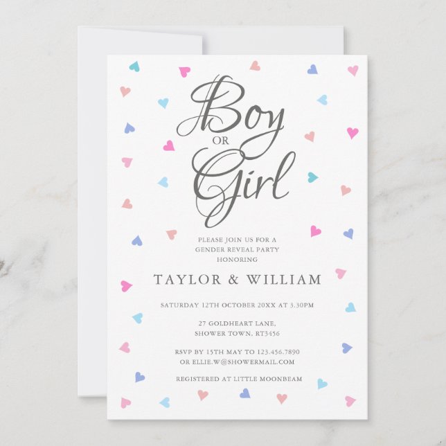 Boy eller Girl Blue Rosa Hearts Gender Reveal Part Inbjudningar (Framsida)