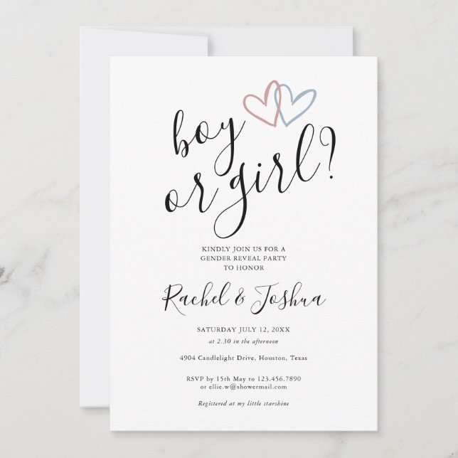 Boy eller Girl Blue Rosa Hearts Gender Reveal Part Inbjudningar (Framsida)