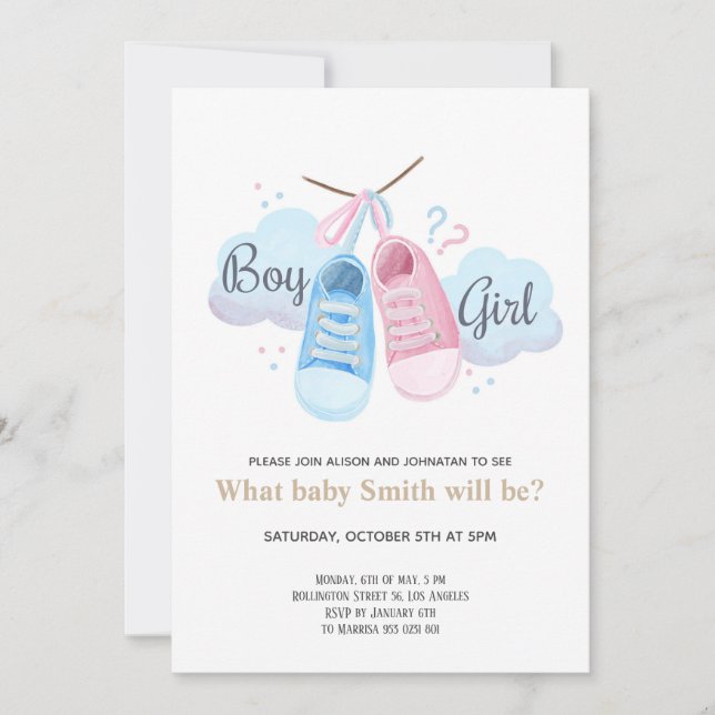 Boy eller Girl Blue Sneakers Gender Reveal Inbjudningar (Framsida)