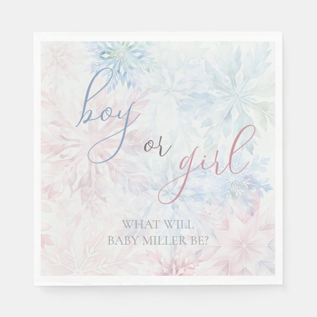 Boy eller Girl Blue Snowflake Rosa Pappersservett (Framsidan)