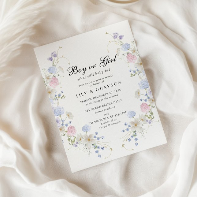 Boy eller Girl & Blue Wildblomme Gender Reveal Inbjudningar (Skapare uppladdad)