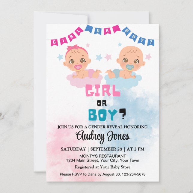 Boy eller Girl Cute Gender Reveal Baby Shower Inbjudningar (Framsida)