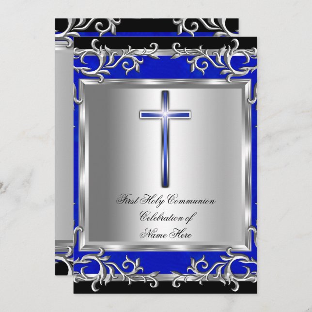 Boy eller Girl First Heliga Communion Silver Blue Inbjudningar (Fram/baksida)