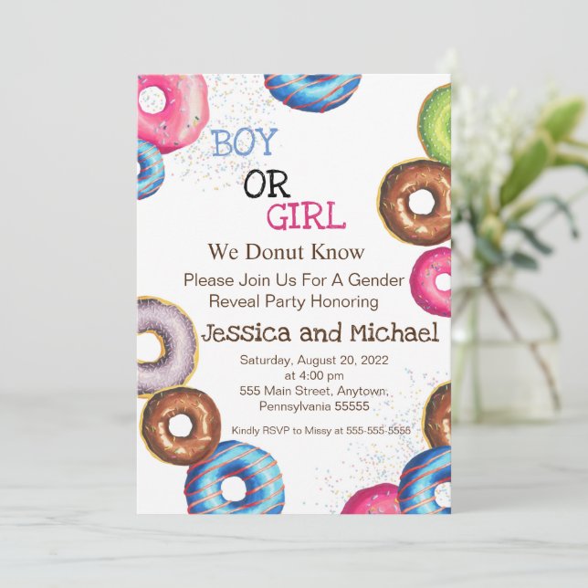Boy eller Girl Gender Reveal Party inbjudan, donut Inbjudningar (Stående Fram)