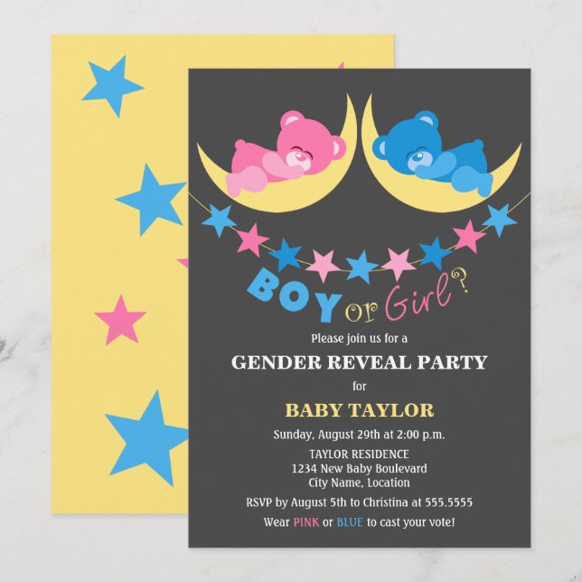 Boy eller Girl Gender Reveal Party Inbjudningar (Fram/baksida)