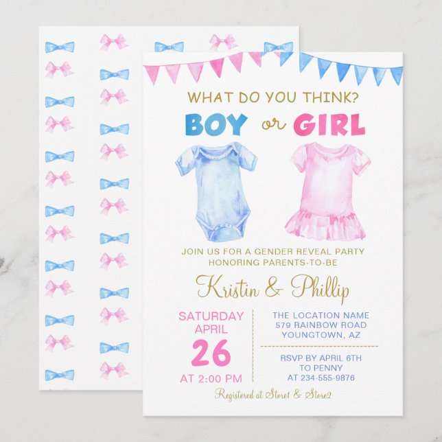 Boy eller Girl Gender Reveal Rosa Blue Baby dusch Inbjudningar (Fram/baksida)