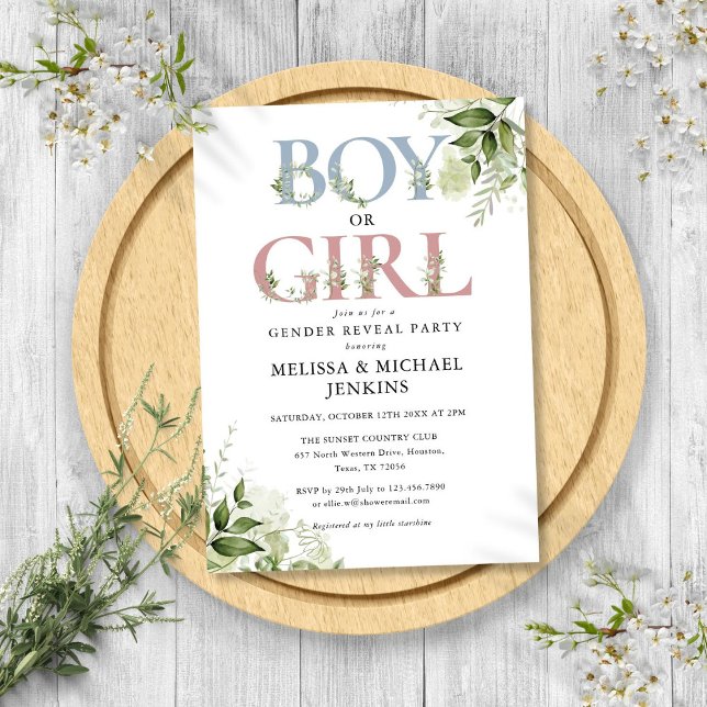 Boy eller Girl Greenery Brev Gender Reveal Party Inbjudningar (Boy Or Girl Greenery Letter Gender Reveal Party Invitation)