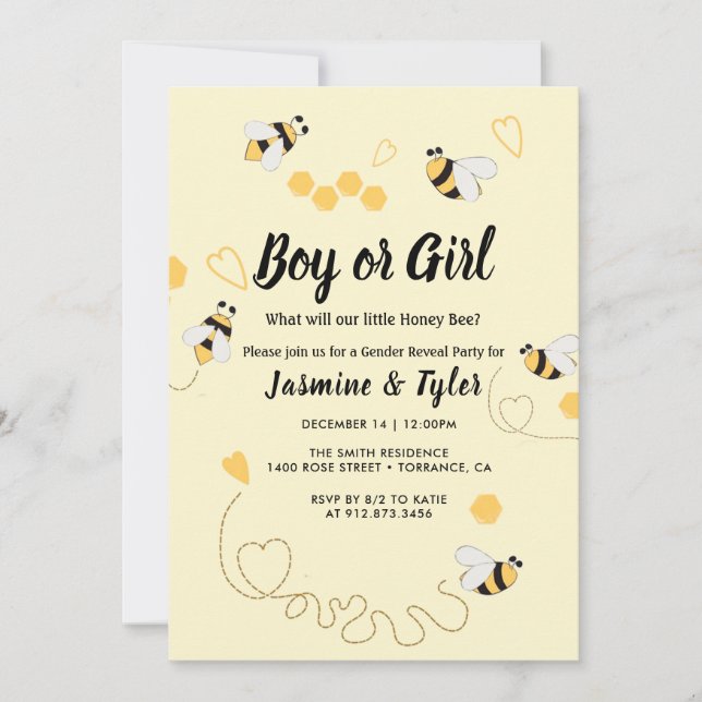 Boy eller Girl Gult Bee Honung Gender Reveal Inbjudningar (Framsida)