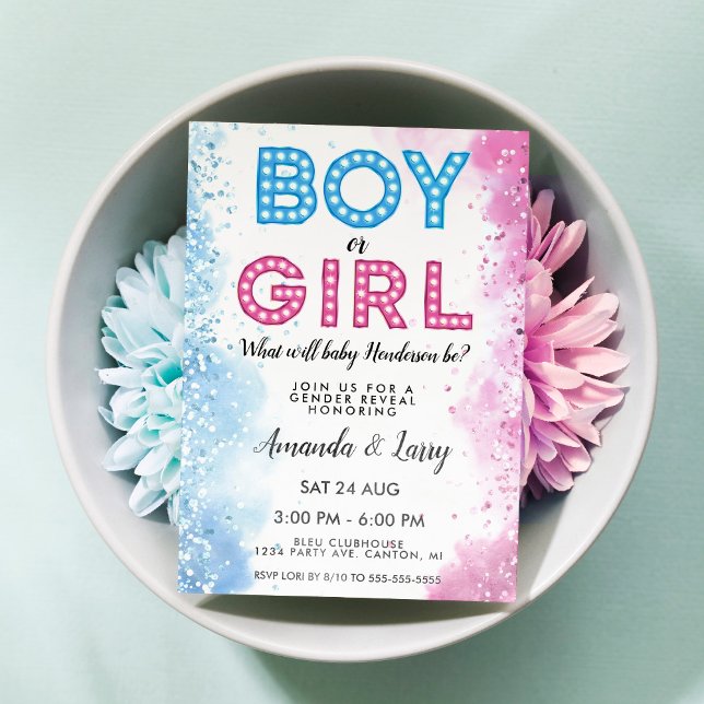 Boy eller Girl Marquee Ljus Gender Reveal Inbjudningar (Skapare uppladdad)