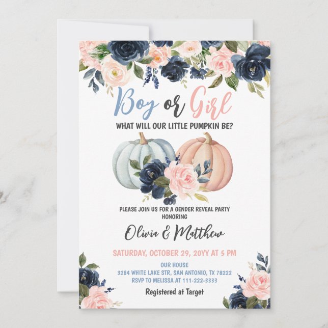 Boy eller Girl Pumpkin Gender Reveal Party Inbjudningar (Framsida)