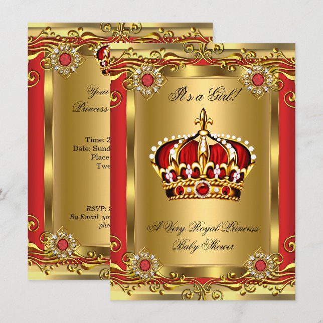 Boy eller Girl Royal Baby Shower Regal Red Guld 2 Inbjudningar (Fram/baksida)