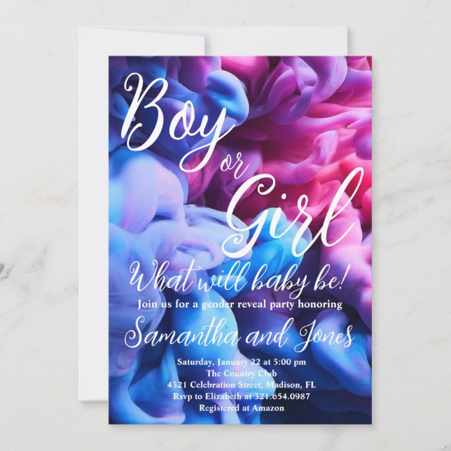 Boy eller Girl Smoke ThLED Baby Gender Reveal Part Inbjudningar (Framsida)