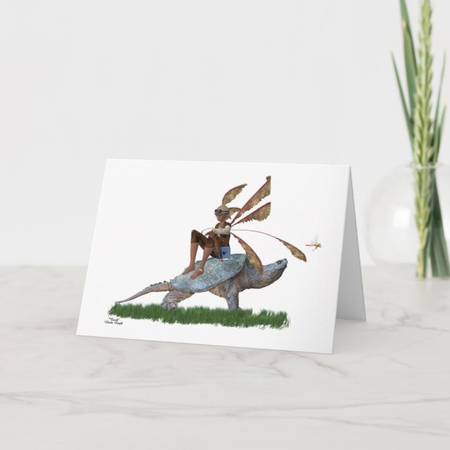 Boy Fairy Riding på Turtle Birthday Card Kort (Framsida)