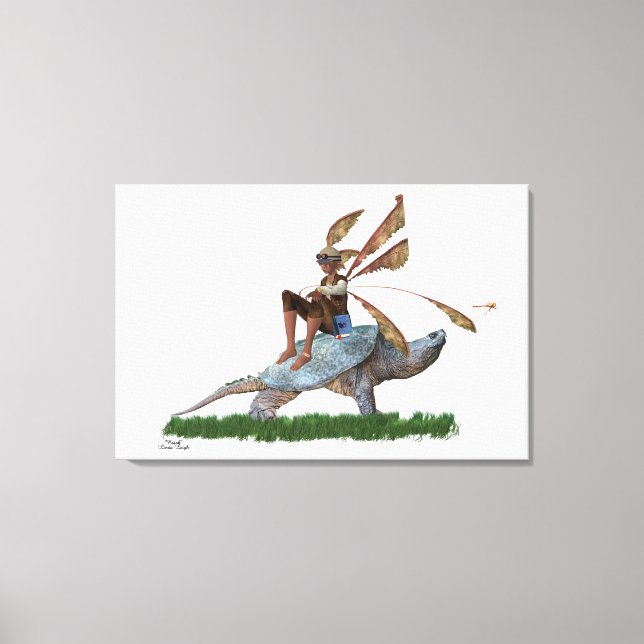 Boy Fairy Riding på Turtle Stretched Kanvastryck (Framsida)